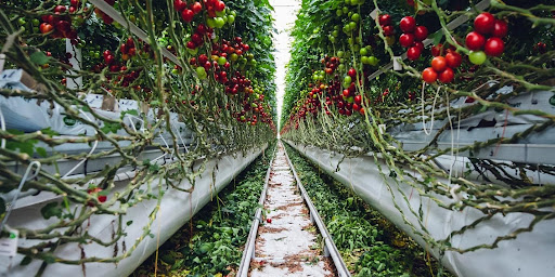Vertical farming in a glasshouse used by farmers practicing agriculture