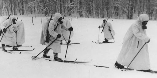 winter escape, winter escape plan, Finnish Troops on skies during a war. Circa 1940, flexible epic day pass, lift tickets, lift tickets