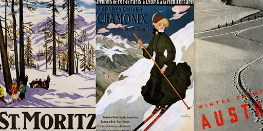 Posters for winter vacations and the emergence of Skiing, sking holidays, ski resorts, architecture for alps, cabin in the woods 